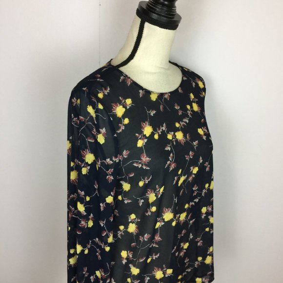 New! Lush Blouse Top Size M Black Yellow Floral Print Sheer Chiffon Long Sleeve - Picture 7 of 15